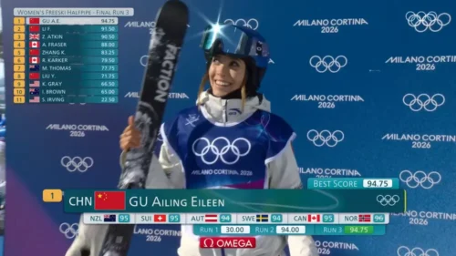 Eileen Gu getting the scores from her gold-winning run