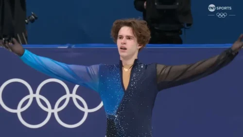 Mikhail Shaidorov finishing his gold-winning performance