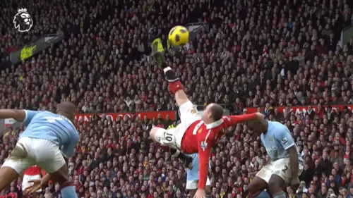 Wayne Rooney doing his legendary bicycle kick vs City