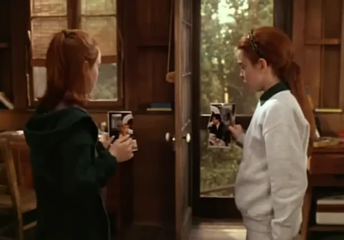 Still of "The Parent Trap" when the twins realize they have the same parents